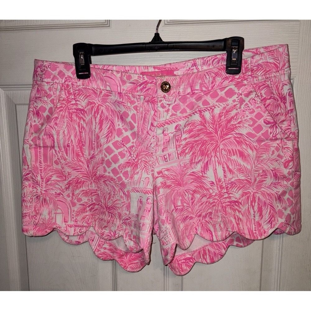 Lilly Pulitzer Sz 12 Buttercup Scallop Shorts Pink Palm Print Tropical Beach